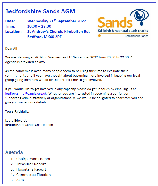 Bedfordshire Sands AGM 2022 Bedfordshire Sands AGM 2022